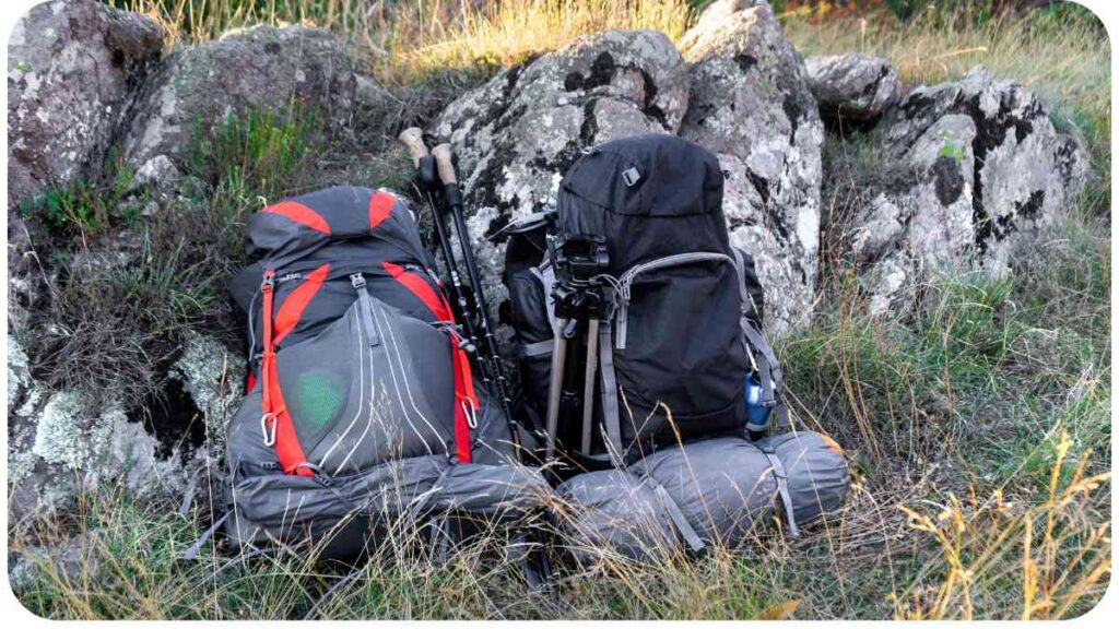 a couple of backpacks sitting on top of a rock