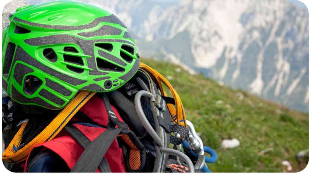 a green helmet with a backpack on top of a mountain