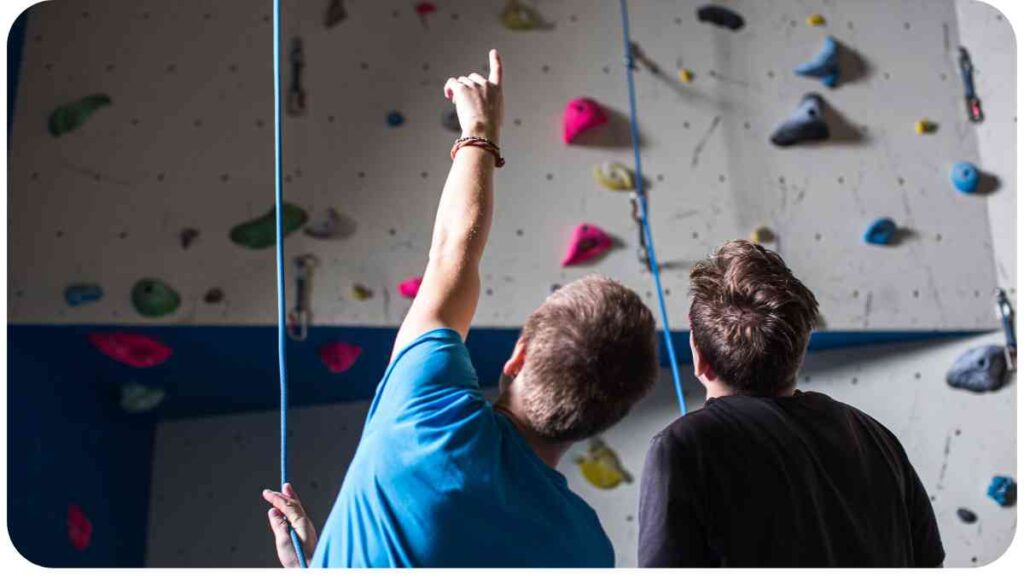 two individuals climbing on a climbing wall in a gym.