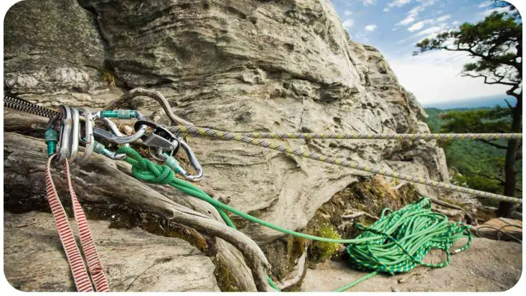 a climbing rope is attached to a rock on the side of a mountain
