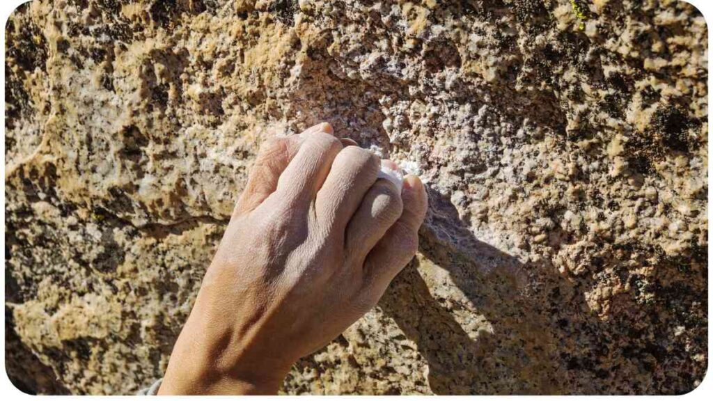 a person's hand is touching the side of a rock