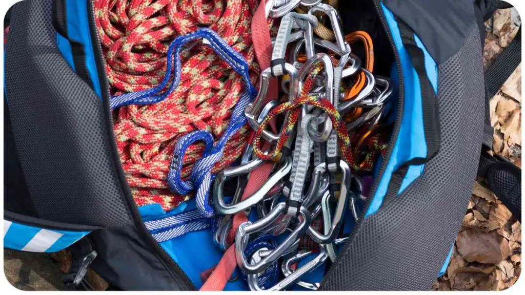 a bag full of climbing gear sitting on the ground
