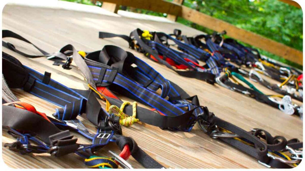 several different types of harnesses laid out on a wooden deck.