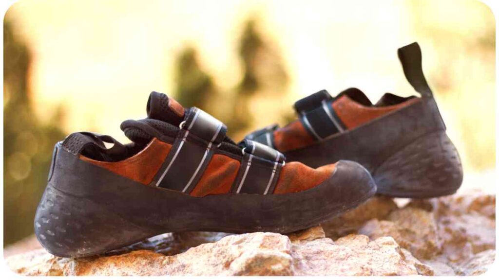 a pair of climbing shoes sitting on top of a rock