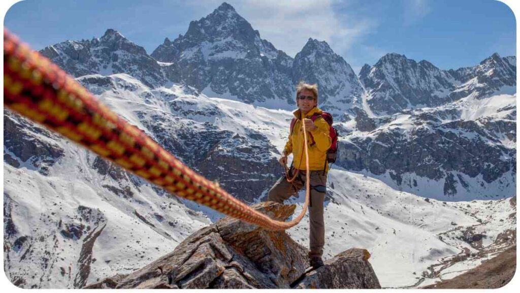 a person standing on top of a mountain with a rope