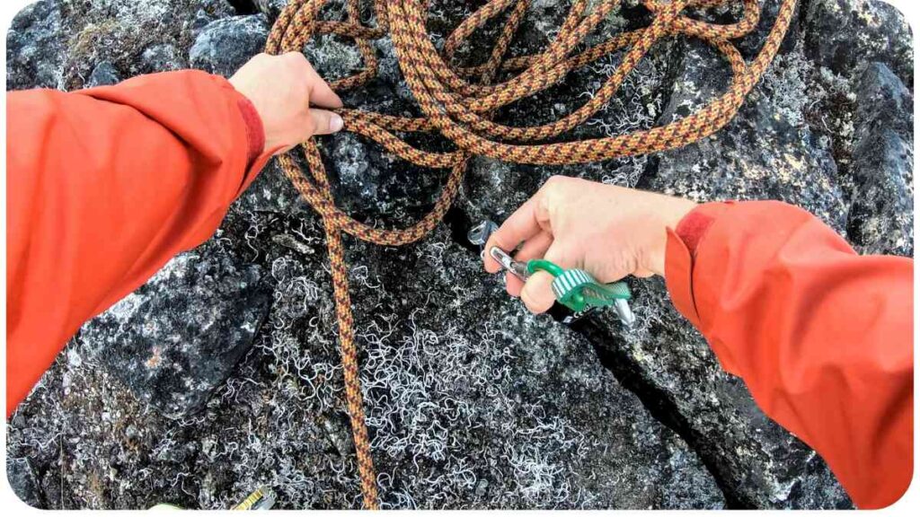 a person's hands are tied to a rope on top of a rock