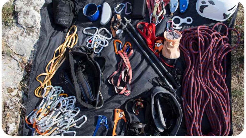 an assortment of climbing gear laid out on the ground