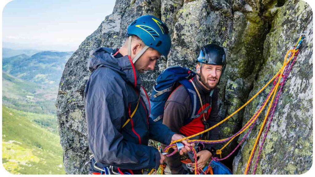 two individuals on the side of a mountain with ropes