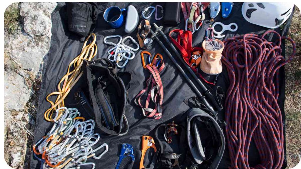 an assortment of climbing gear laid out on the ground