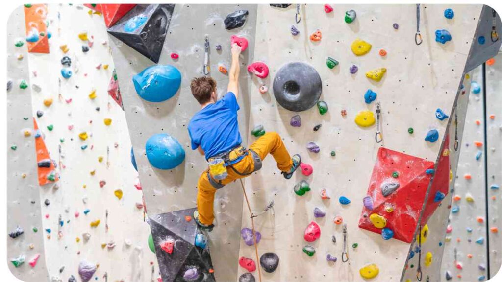 a person climbing on a rock wall in an indoor climbing gym