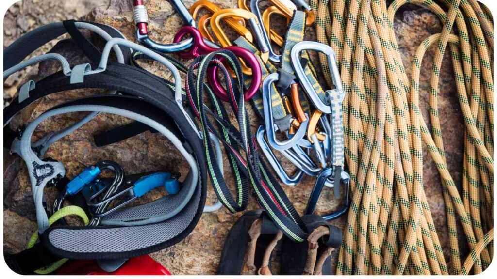 a variety of climbing equipment is laid out on a rock